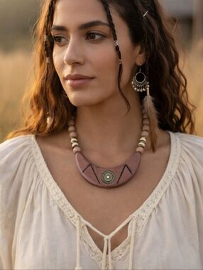 Handcrafted Wood Bib Necklace Boho Tribal Collar 8” Drop Statement Pendant
